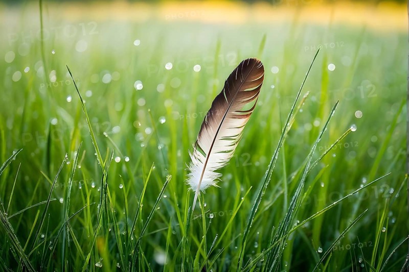 A lone feather resting gently on a dew-covered grassy field, with soft morning light illuminating the delicate details, AI generated