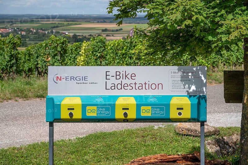 E-bike charging station in the vineyards around Hüttenheim, Lower Franconia, Bavaria, Germany, Europe