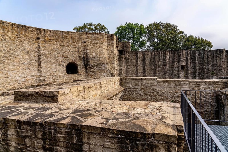 Broich Castle on the west bank of the Ruhr near the city centre, the fortification is in parts the oldest preserved early medieval fortification from the late Carolingian period north of the Alps, today a museum and event location, in Mülheim an der Ruhr, North Rhine-Westphalia, Germany, Europe