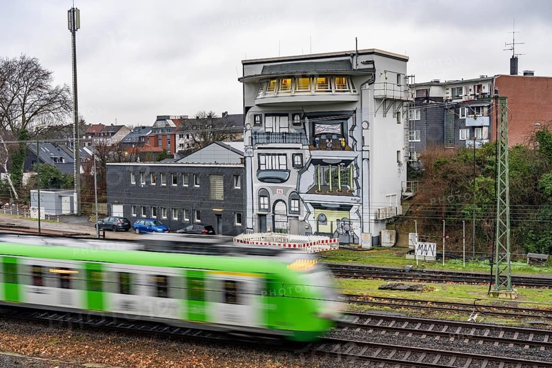The Deutsche Bahn AG signal box in Mülheim-Styrum, controls train traffic on one of the busiest railway lines in Germany, between Essen and Duisburg, suburban trains, regional trains, ICE and IC long-distance trains and freight traffic, North Rhine-Westphalia, Germany, Europe