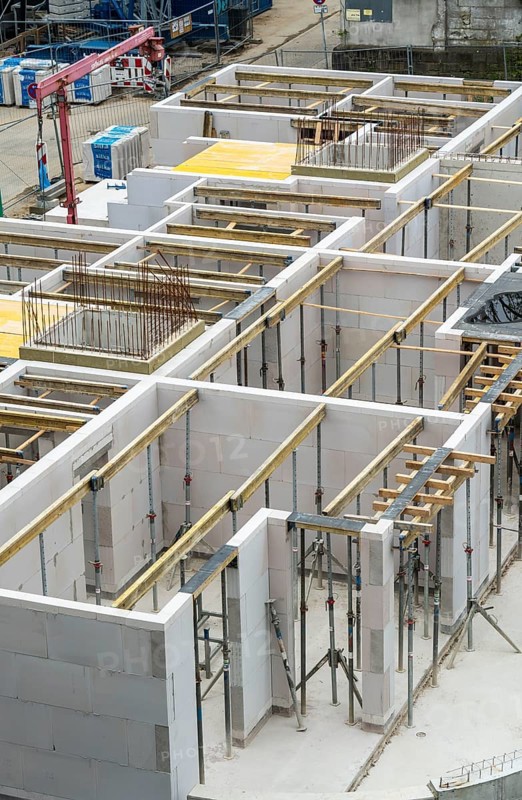 Building site, shell construction, walls of a residential building are finished, lift shaft