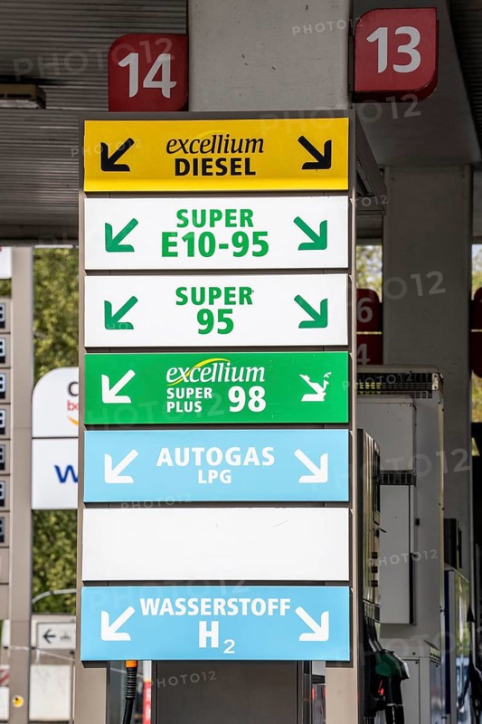 Petrol station with many different fuels on offer, diesel, petrol, Super Plus, LPG, Super, E10, hydrogen