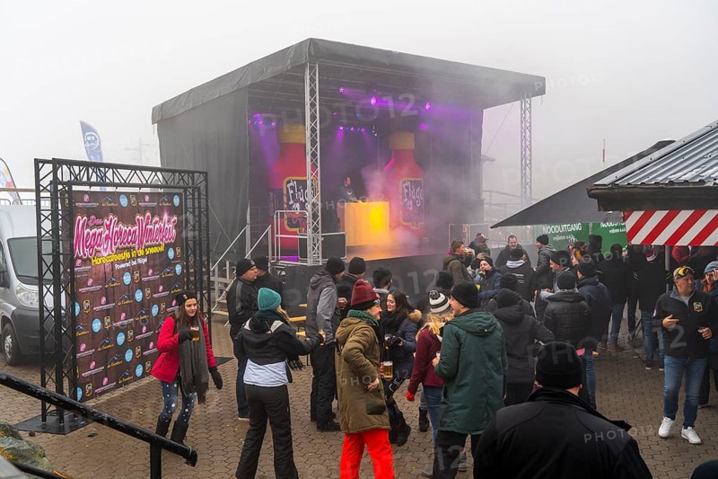 Sahnehang ski area, in the fog, little snow, only artificial snow on the slopes, disco for Dutch tourists, winter, near Altastenberg, Winterberg, Sauerland, Germany, Europe