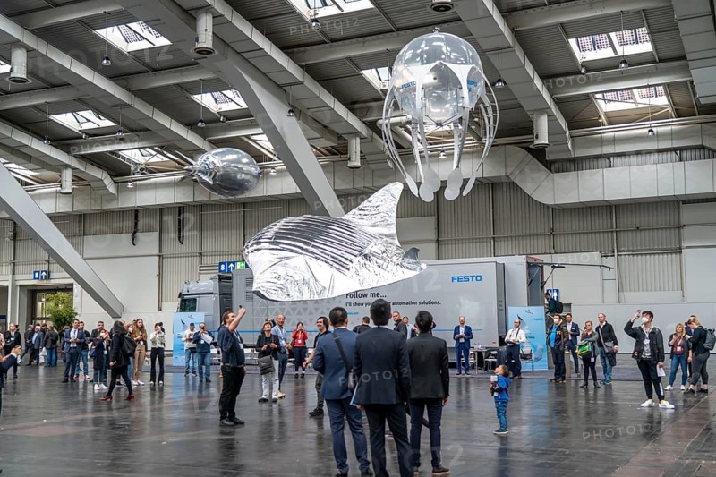 Mechanical flying objects, filled with helium, controlled by fine mechanics, movements copied from animals, birds, fish, bionics applied, to illustrate technical processes, by automation specialists Festo, at the Hannover Messe, Lower Saxony, Germany, Europe