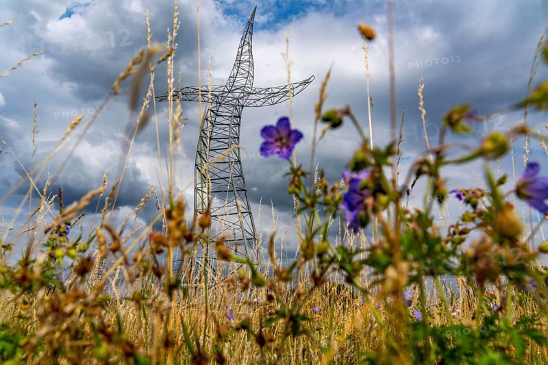 Emscherkunst, artwork Zauberlehrling by the Berlin artist group Inges Idee, an apparently dancing electricity pylon, 35 metres high, in a meadow near Haus Ripshorst in Oberhausen, North Rhine-Westphalia, Germany, Europe