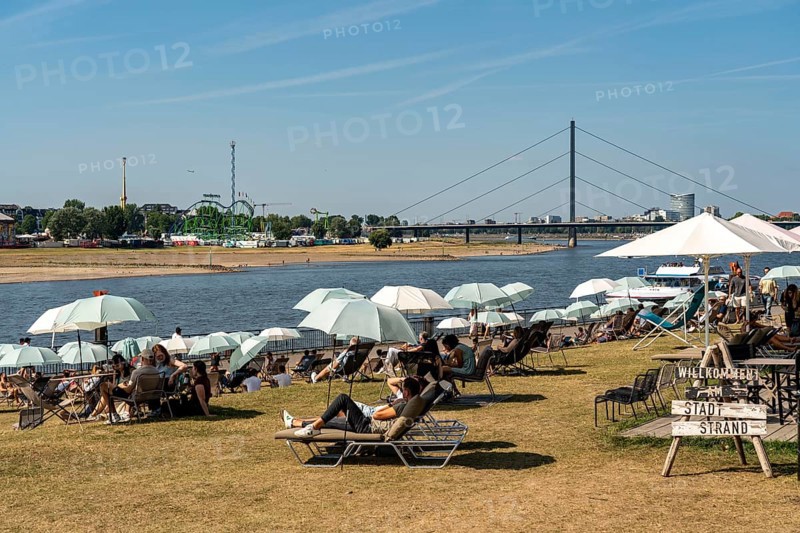 The city beach on the Rhine near Düsseldorf, riverside promenade, by the Rheinkniebrücke bridge, Sunset Chillout, North Rhine-Westphalia