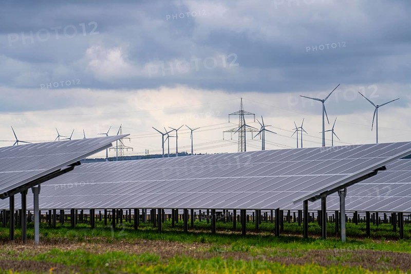 Wind farm and large-scale photovoltaic system, north-east of Bad Wünnenberg, near the village of Elisenhof, on the A44 motorway, North Rhine-Westphalia, Germany, Europe