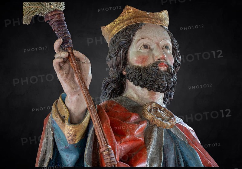 Head of Christ, detail of the palm donkey on a black background, wooden figure from around 1470, Church of St Jodokus, Bad Oberdorf, Oberallgäu, Bavaria, Germany, Europe