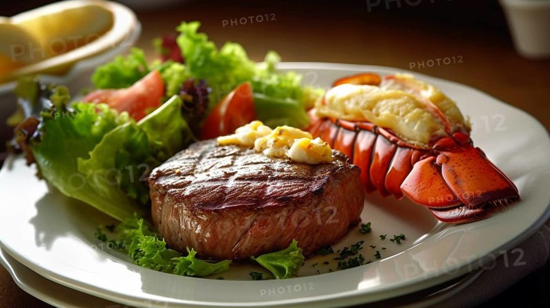 Fresh lobster tail in melting butter and steak with sauteed vegetables dish, generative AI, AI generated