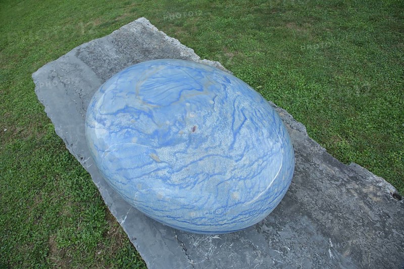 Sculpture stone drop by Livia Kubach and Michael Kropp 2024, oval blue quartz, stone, smooth, cut, polished, surface, marbled, oval, blue, large gemstone, stone sculpture park, Ebernburg, Bad Münster am Stein-Ebernburg, Bad Kreuznach, Rhineland-Palatinate, Germany, Europe