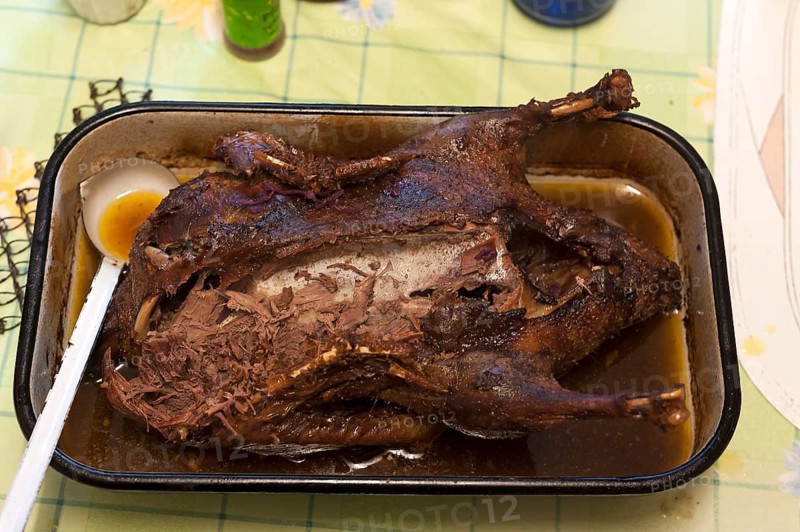 Partly cooked roast duck in a roasting pan on the table, Bavaria, Germany, Europe
