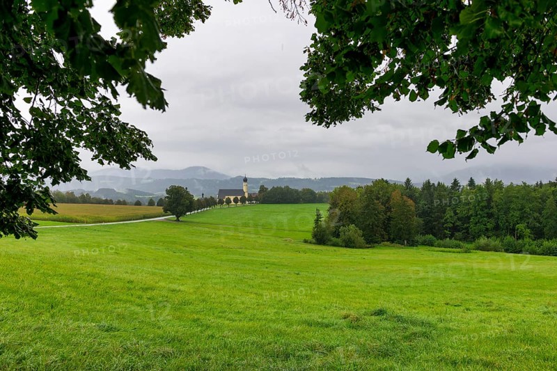 Pilgrimage church of St Marinus in Wilparting, Regen, meadow, trees, municipality of Irschenberg, Oberland, Upper Bavaria, Bavaria