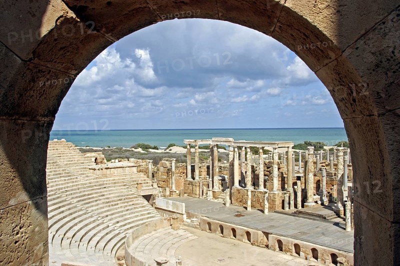 Ruins of Roman theater at Leptis Magna, Lectis Magna, Lepcis Magna in Khoms, Al Khums near Tripoli, Libya, North Africa, Africa