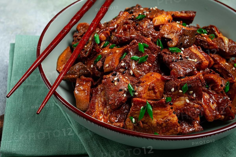 Bulgogi, with mushrooms, with sesame seeds and green onions, Korean cuisine, homemade, no people