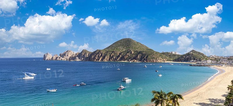 Mexico, Scenic panoramic aerial view of Los Cabos tourist destination Arch of Cabo San Lucas, El Arco, Playa Amantes and Playa del Divorcio., Central America