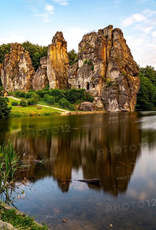 The Externsteine, a sandstone rock formation, Wiembecketeich, in the Teutoburg Forest, near Horn-Bad Meinberg, Lippe district, North Rhine-Westphalia, Germany, Europe