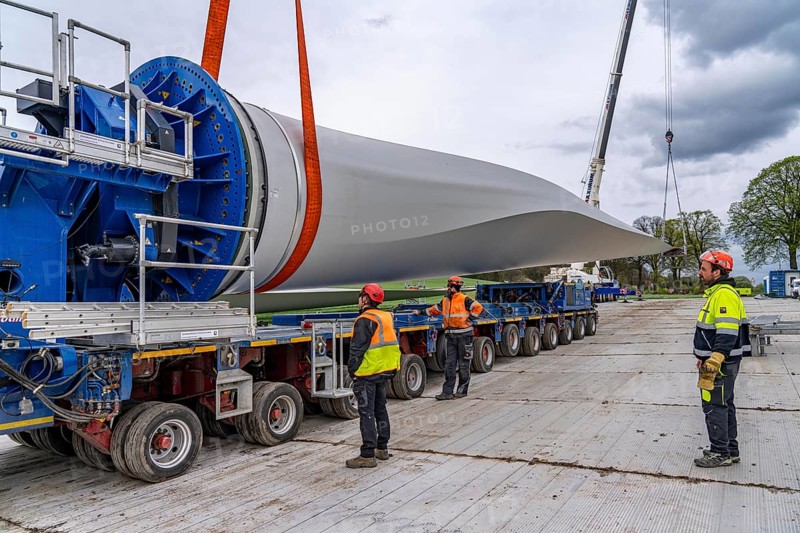 Preparation for the transport of a 68 metre long blade, a wind turbine, with a self-propelled Blade-Lifter vehicle, over a 40 km long route in the Bergisches Land, through towns, villages, over country roads, narrow through roads, to the construction site of the wind turbine near Hagen, North Rhine-Westphalia, Germany, Europe