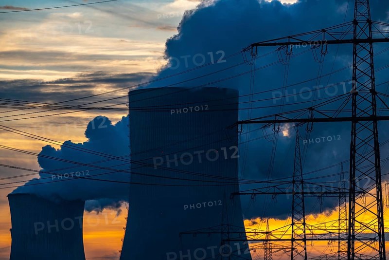 Lignite-fired power plant, RWE Power AG Niederaussem power plant, sunset, Bergheim, North Rhine-Westphalia, Germany, Europe