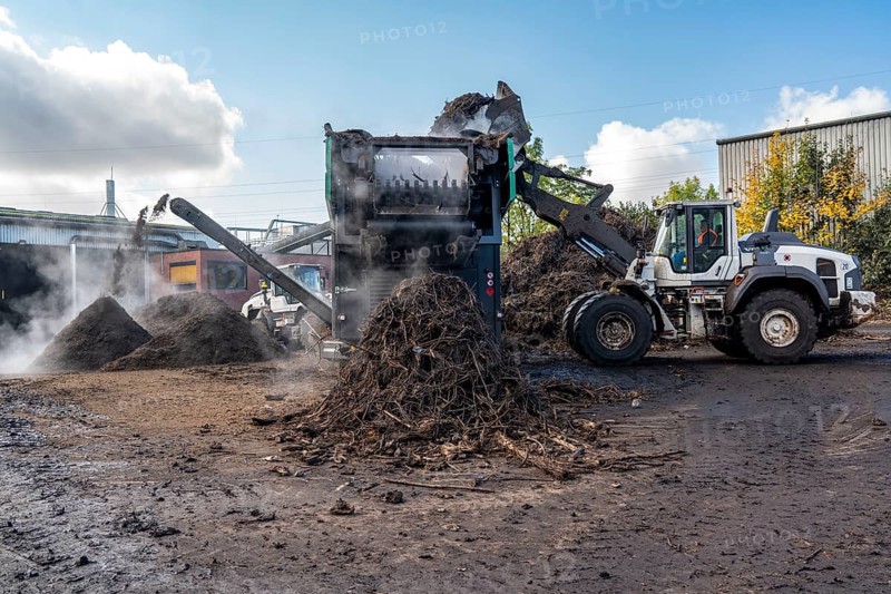 Composting plant, organic waste is composted, sorted by size, smaller parts are reused as compost, coarser parts are burnt in a biomass power plant and converted into electricity, Coesfeld, North Rhine-Westphalia, Germany, Europe