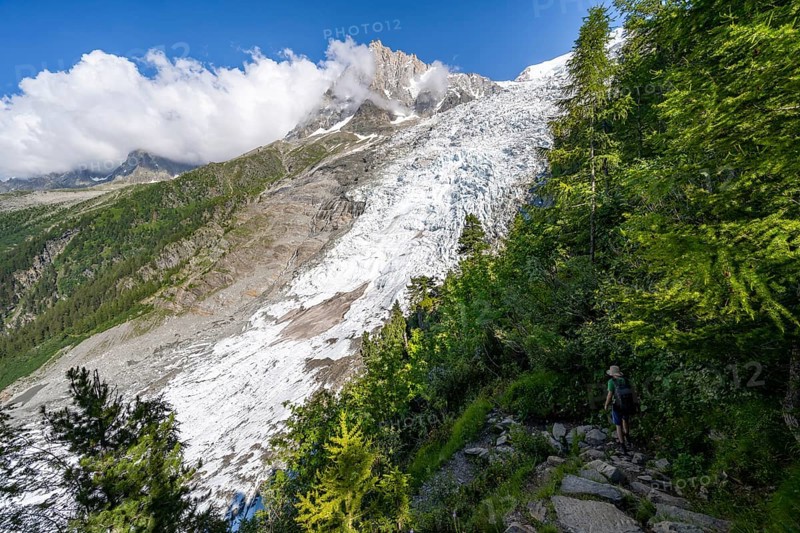 Impressive mountain landscape with glacier, view of Glacier des Bossons and summit of the Aiguille du Midi, La Jonction hike, Chamonix, Haute-Savoie, France, Europe