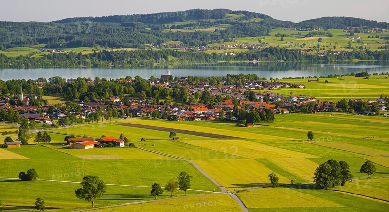 Panorama over Schwangau to Waltenhofen with Forggensee, Ostallgaeu, Allgaeu, Swabia, Bavaria, Germany, Europe