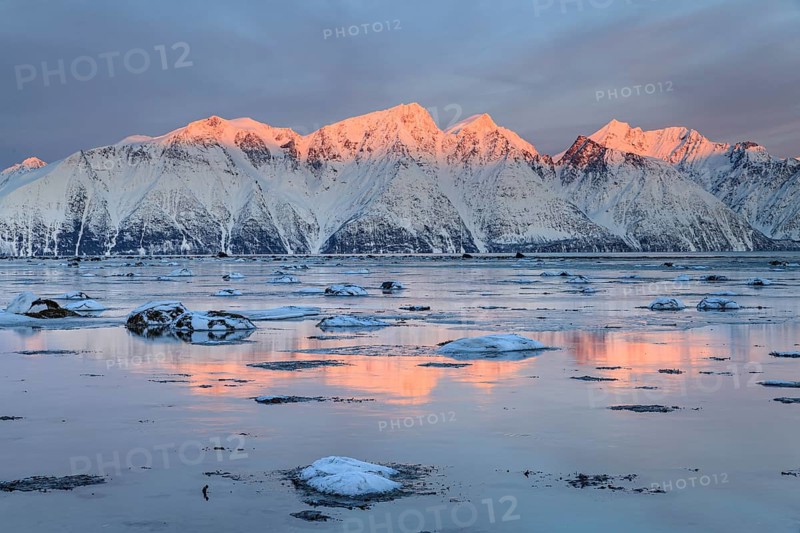 Morning light, mountains, snowy, reflection, sea, coast, fjord, winter, Lyngen Alps, Norway, Europe