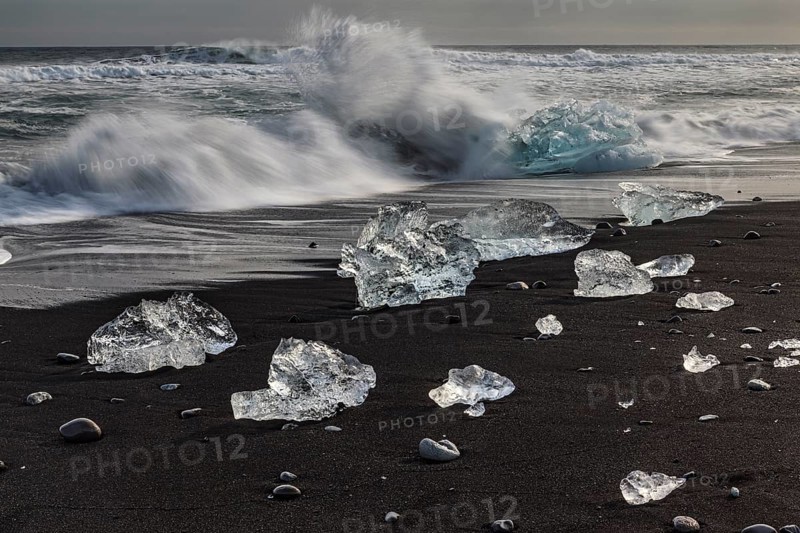 Ice floes on the beach, waves, clouds, winter, Diamond Beach, Breidamerkursandur, Jökulsarlon, Iceland, Europe