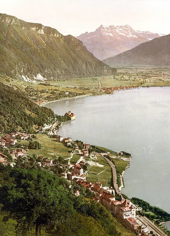 Territet, Chillon and Dent du Midi, from Glion, Geneva Lake, Switzerland, Historic, digitally restored reproduction from a 19th century original, Record date not stated, Chillon and Dent du Midi, from Glion, Geneva Lake, Switzerland, Historic, digitally restored reproduction from a 19th century original, Record date not stated, Europe