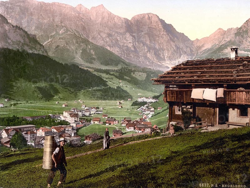 Engelberg Valley and Peasant's House, Bernese Oberland, Switzerland, Historic, digitally restored reproduction from a 19th century original, Record date not stated, Engelberg Valley and Peasant's House, Bernese Oberland, Switzerland, Historic, digitally restored reproduction from a 19th century original, Record date not stated, Europe
