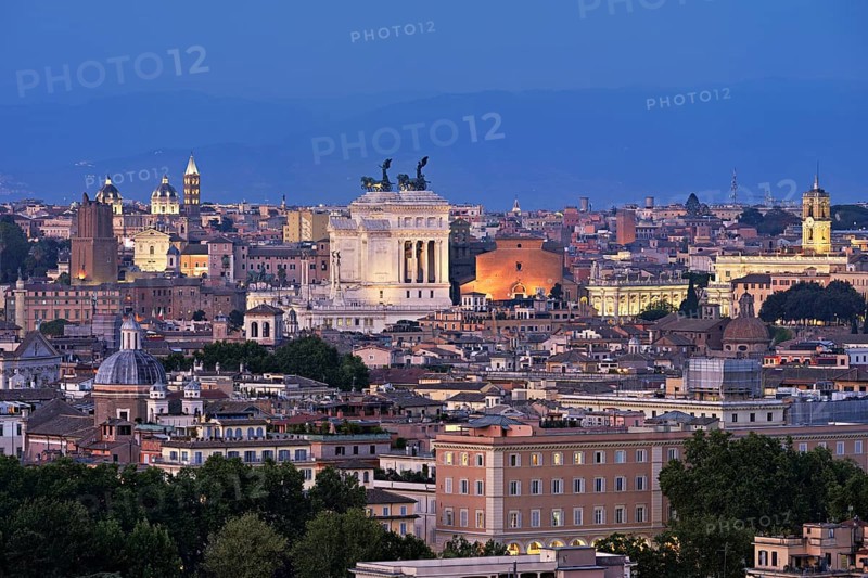 View of the city from the Gianicolo viewpoint with the Vittorio Emanuele II monument, Rome, Lazio, Italy, Europe