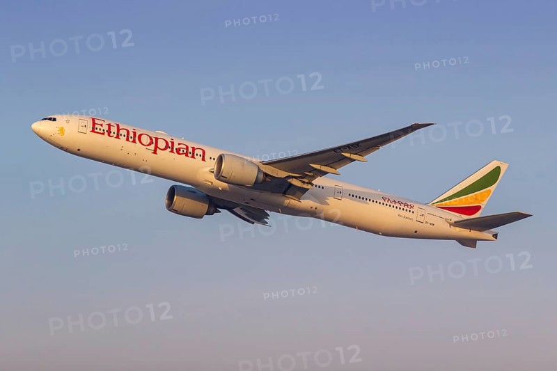 An Ethiopian Airlines Boeing 777-300ER aircraft with the registration ET-ASK at the airport in Dubai, United Arab Emirates, Asia