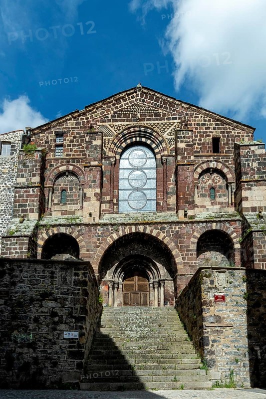 Le Monastier sur Gazeille on the way to Stevenson. The polychrome facade of the Saint Théofréde abbey church. Haute-Loire-Auvergne-Rhone-Alpes.France
