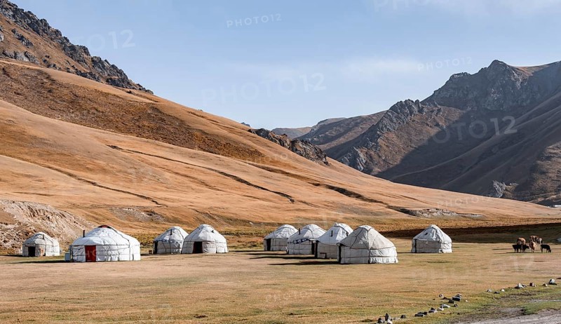 Yurts with yellow hills, Atbashy district in the Naryn region, Kyrgyzstan, Asia