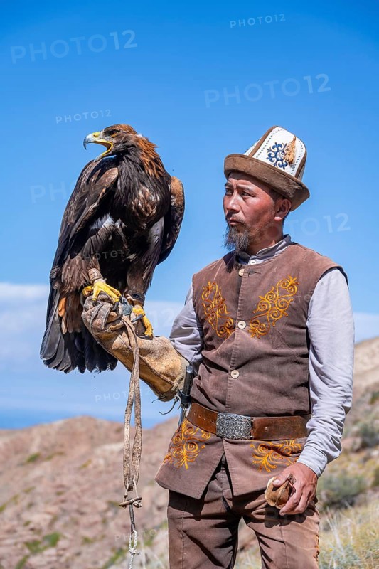 Traditional Kyrgyz eagle hunter with eagle in the mountains, near Kysyl-Suu, Kyrgyzstan, Asia