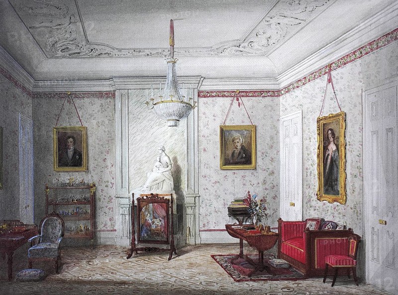 Historic, digitally restored reproduction from a 19th century original, Record date not stated, Living room of Queen Victoria, Palais Friedrichsthal, Friedrichstal, around 1846, Gotha, Thuringia, Germany, Europe