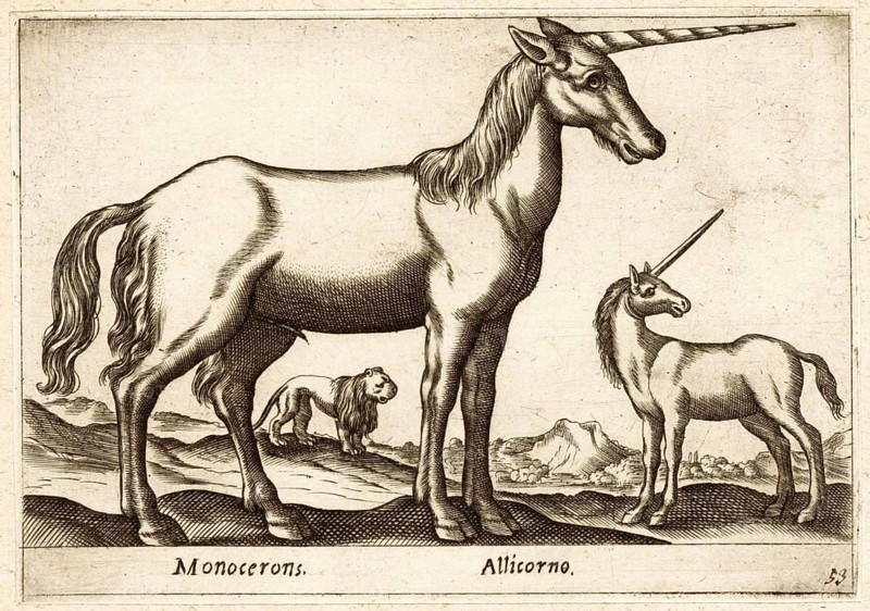 Mythical creature, unicorn, two unicorns and a lion, drawing by Antonio Tempesta (1555, 1630), Italy, Historical, digitally restored reproduction from a 19th century original, Record date not stated, Europe