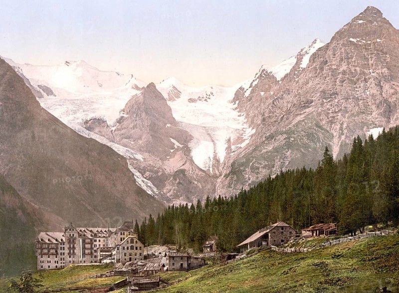 Hotel Trafoi, at the foot of the Ortler in the Trafoi Valley, a side valley of the Suldental in the Ortler Alps, formerly Austria-Hungary, today South Tyrol, Italy, Historical, digitally restored reproduction from a 19th century original, Record date not stated, Europe