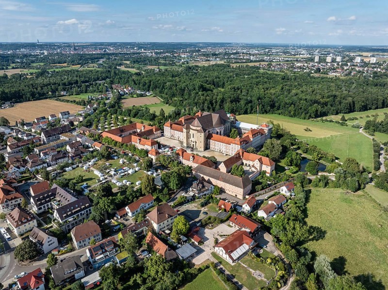 Aerial view of the Wiblingen monastery complex, former Benedictine abbey then castle and barracks, Ulm, Baden-Württemberg, Germany, Europe