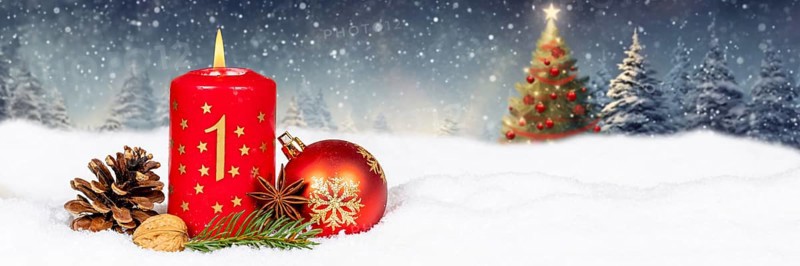 First 1st Advent with candle Christmas Christmas card for Christmas time Banner with text free space Copyspace in winter Christmas tree in Stuttgart, Germany, Europe