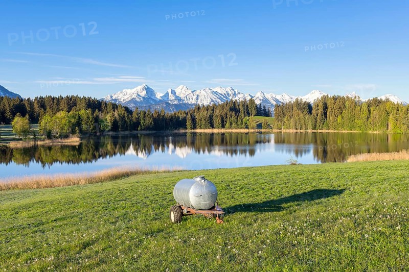 Hegratsrieder See near Füssen, Allgäu Alps, snow, water wagon, Allgäu, Bavaria, Germany, Europe