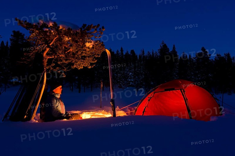 Tent in mountain landscape, Sarek National Park, World Heritage Laponia, Norrbotten, Lapland, Sweden, man, campfire, Scandinavia, Europe