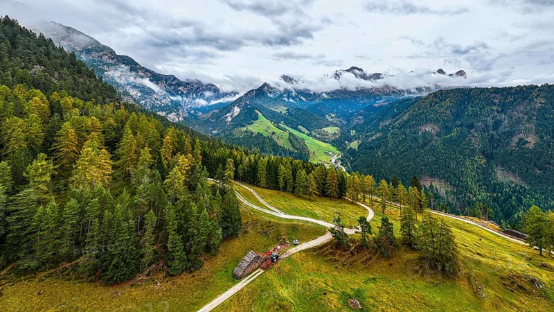 Forest work on the alpine meadow Wuhnleger, in the background the peaks of the rose garden, shrouded in fog, drone shot, Dolomites, Autonomous Province of Bolzano, South Tyrol, Italy, Europe