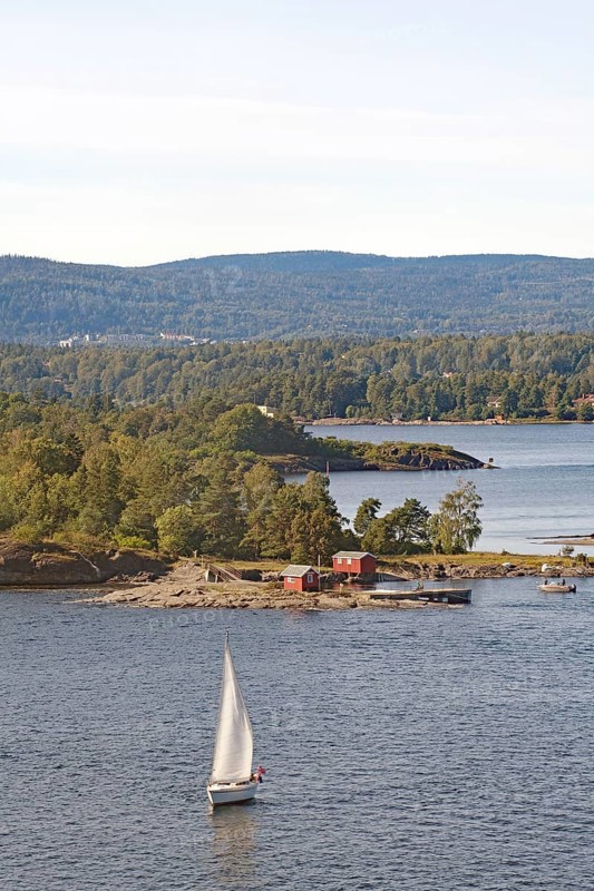 A single sailboat sails peacefully on the water, near a green island and wooded hills, Oslofjord, capital city, Oslo, Norway, Europe