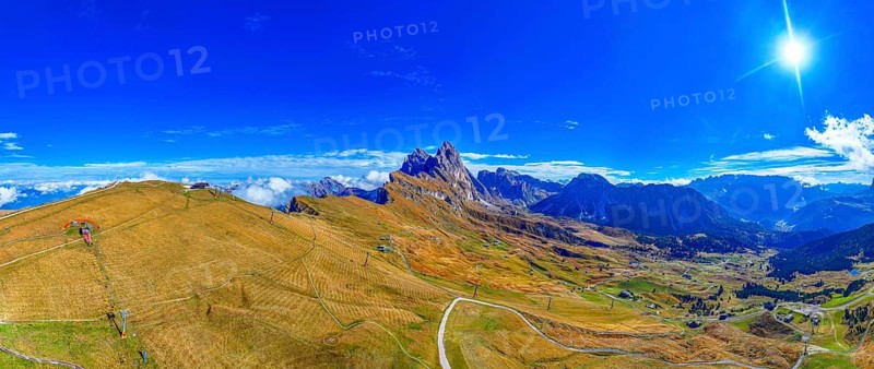 The peaks Sas Rigais and Furchetta of the Geisler group, wide-angle panoramic photo, drone photo, Val Gardena, Dolomites, Autonomous Province of Bolzano, South Tyrol, Italy, Europe