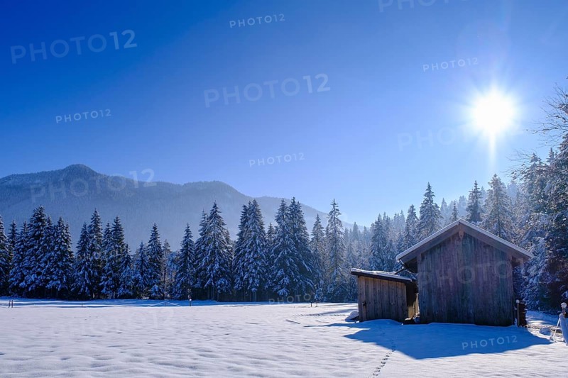 Jachenau near the Landerermühle, Jachenau, in winter, Tölzer Land, Upper Bavaria, Bavaria, Germany, Europe