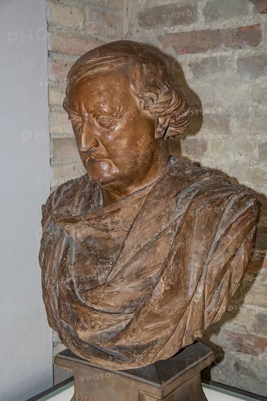Bust of Gioachino Rossini in Casa Rossini, his home and birthplace in Pesaro, Marche Region, Italy, Europe