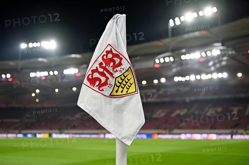 Overview, corner flag, logo, VfB Stuttgart, floodlight, Champions League, MHPArena, MHP Arena Stuttgart, Baden-Württemberg, Germany, Europe
