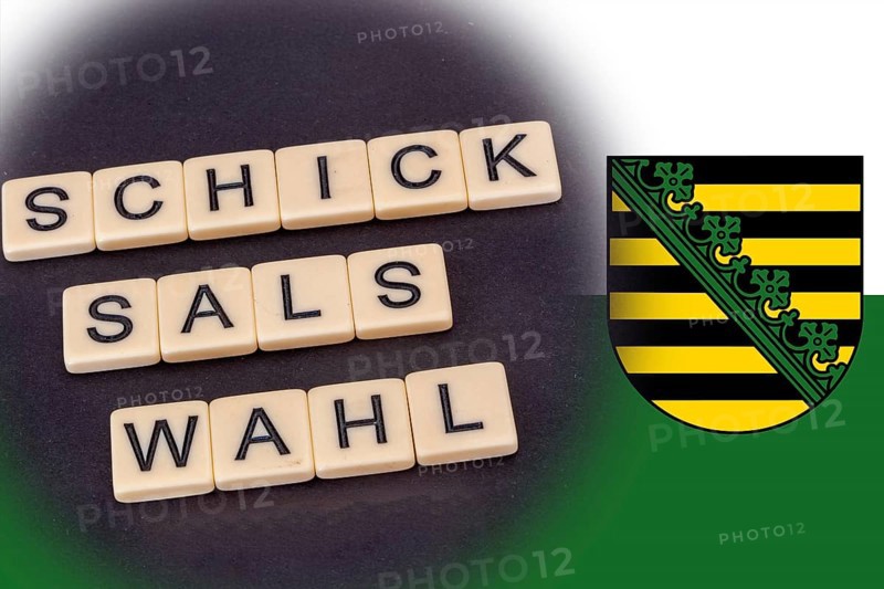 Symbolic image of the state election in Saxony: The word SCHICKSALSWAHL and the flag of Saxony