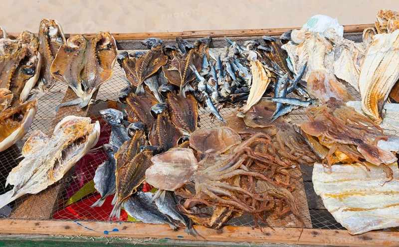 A net with dried fish of different species on a wooden frame on the beach, fish drying, Praia da Nazare beach, Nazaré, Oeste, Leiria district, Centro, Portugal, Europe