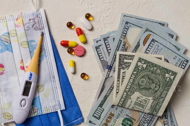 Georgian monetary currency, Lari, 20 GEL, medicine, thermometer, protective medical masks, concept, healthcare